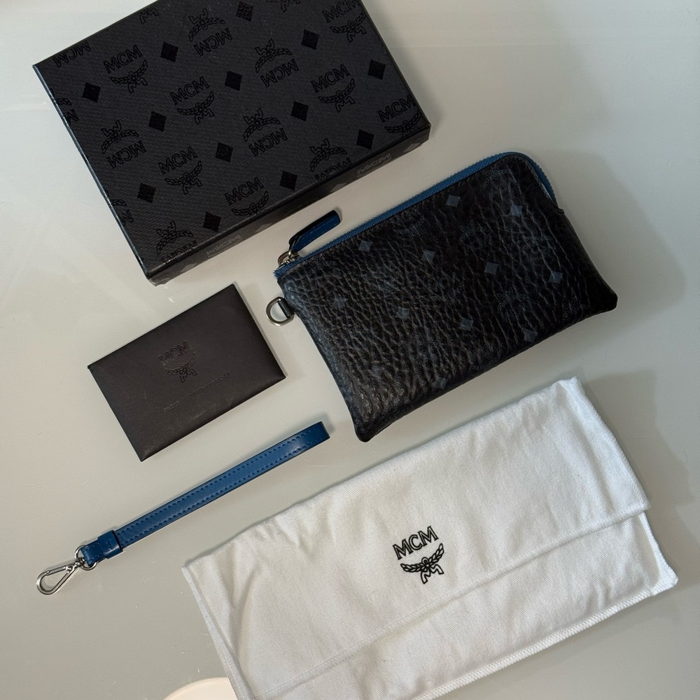 MCM Black Blue Monogram Zip Pouch With Wrist Strap